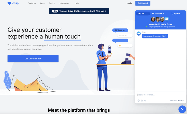 Screenshot of Crisp website with their chat widget open