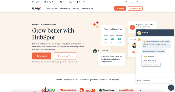 HubSpot website with their HubBot open.