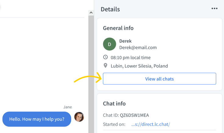 LiveChat Archives section with a see all chats button.