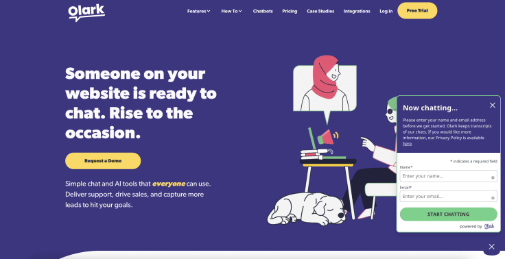 Olark website with chat support starting.