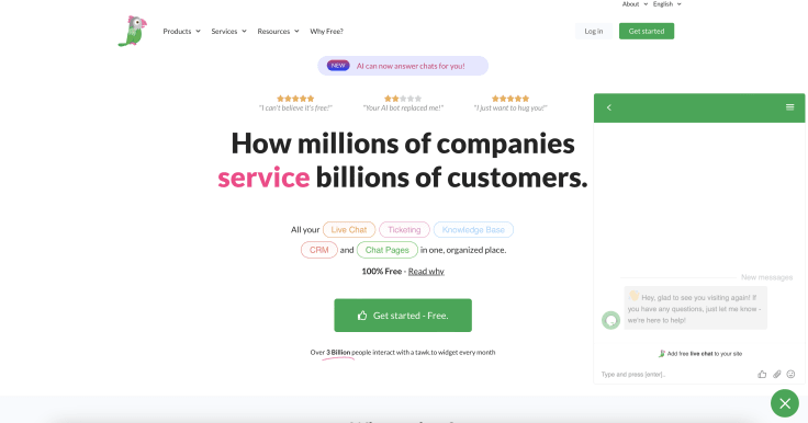 Screenshot of Tawk.to homepage
