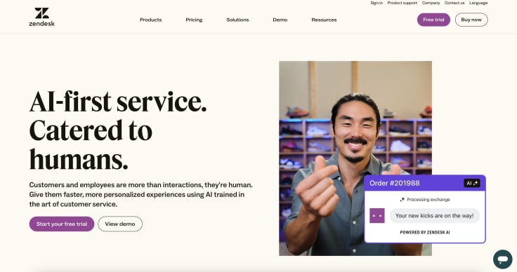 Zendesk website with their main offer.